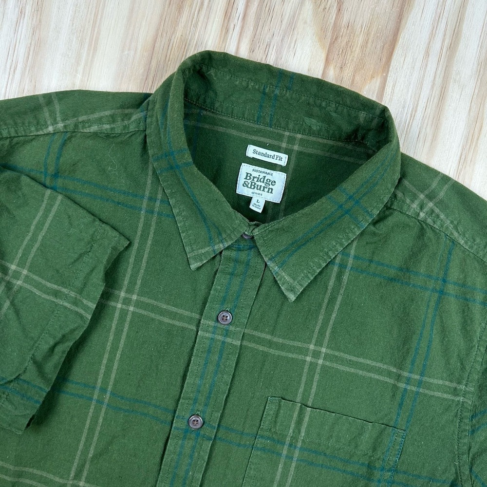 Bridge & Burn Plaid Shirt Mens L Green Short Sleeve Button Up Casual Sustainable